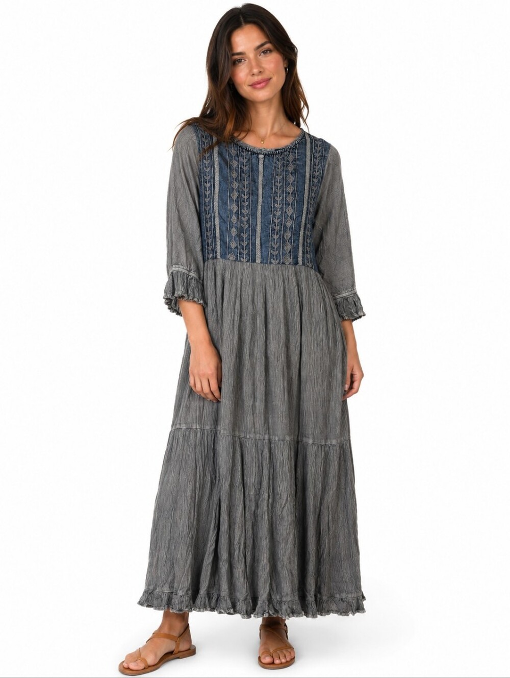 Young Threads Boho Peasant Embroidered Denim Maxi Dress M Cottagecore Prairie